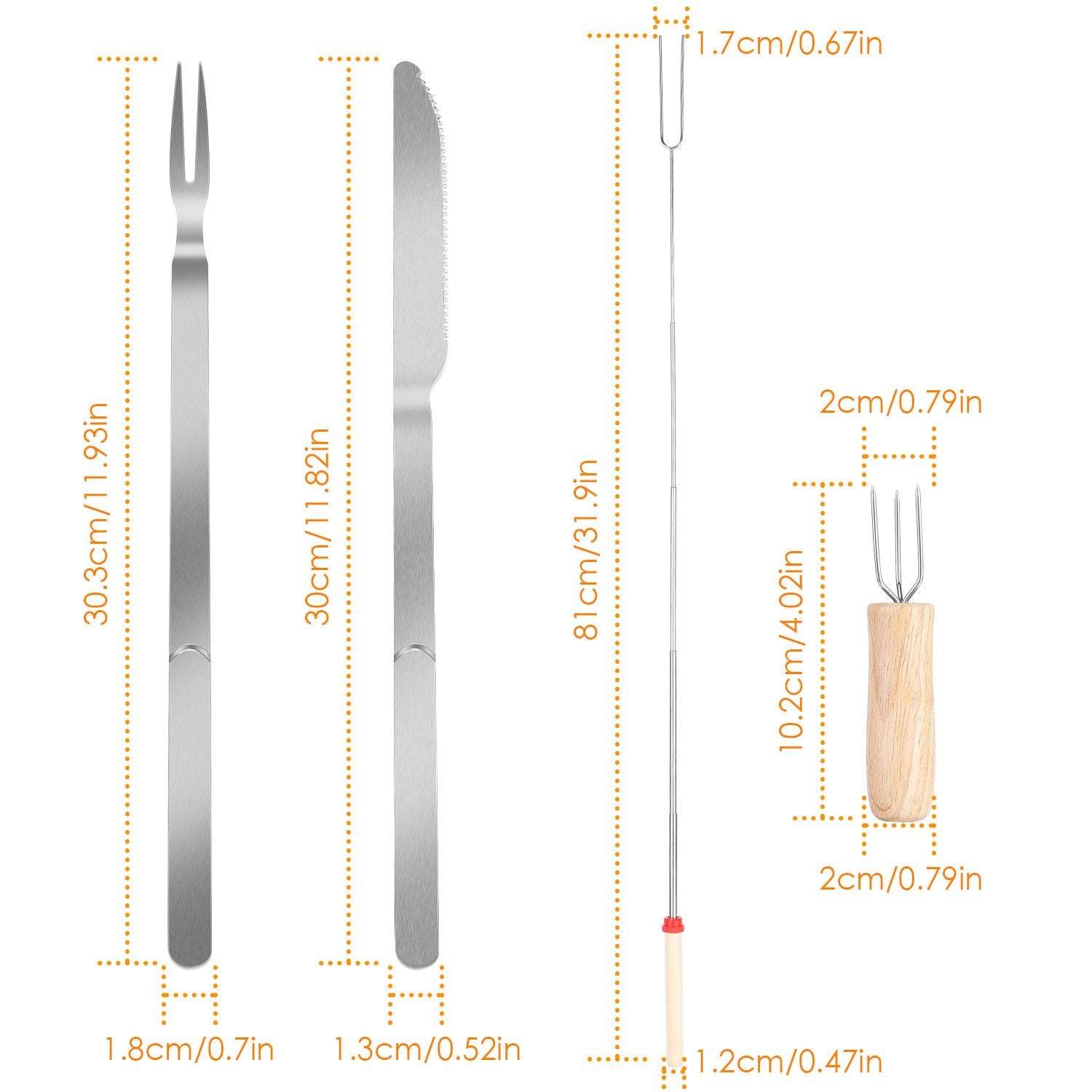 Stainless Steel Roasting Sticks Set 31.9in Extendable Telescoping Marshmallow Hot Dog Fork Skewers Set - Discount Msrp 