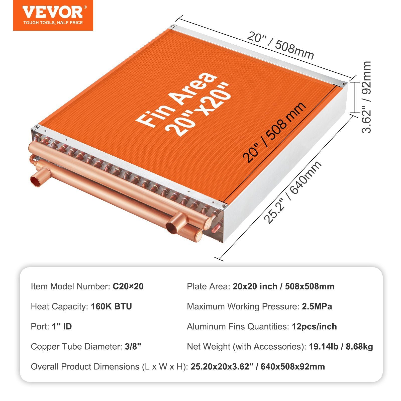 VEVOR Heat Exchanger Water to Air, 20"x 20" with 3-Row 3/8" Copper Ports, 242 Aluminum Fins Heat Exchanger for Outdoor Wood Furnaces, Residential Heating and Cooling, and Forced Air Heating - Discount Msrp 