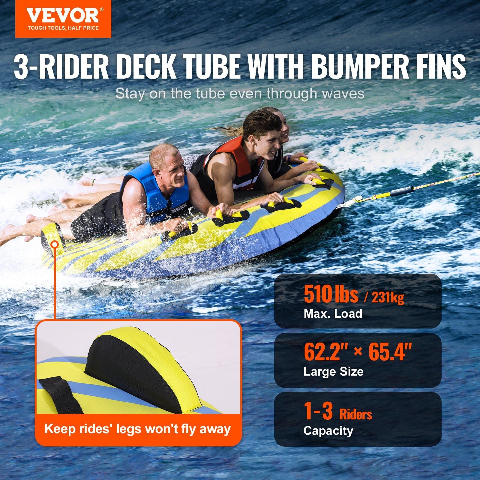 VEVOR Towable Tube for Boating, 1-3 Riders Inflatable Towable Tube with Bumper Fins, 510 lbs Water Sport Towable Tubes for Boats to Pull, Full Nylon Cover, EVA Grab Handles and Speed Safety Valve - Discount Msrp 