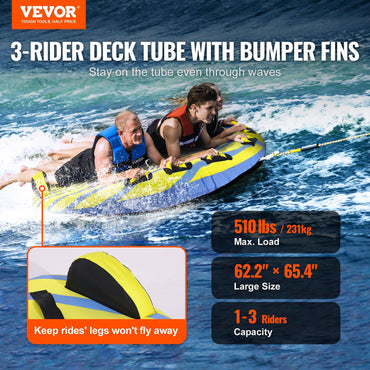 VEVOR Towable Tube for Boating, 1-3 Riders Inflatable Towable Tube with Bumper Fins, 510 lbs Water Sport Towable Tubes for Boats to Pull, Full Nylon Cover, EVA Grab Handles and Speed Safety Valve - Discount Msrp 