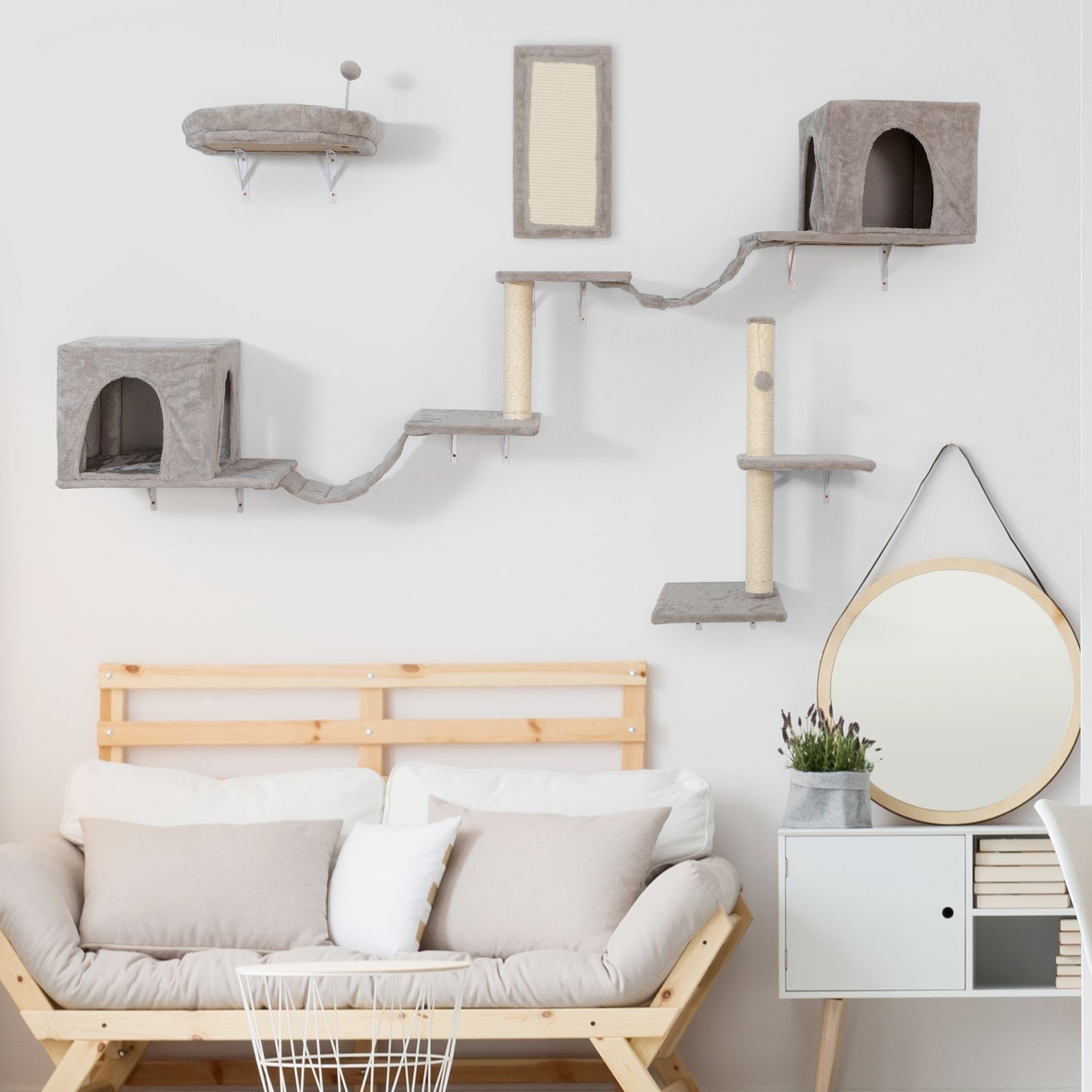 Wall-mounted Cat Tree, Cat Furniture with 2 Cat Condos House, 3 Cat Wall Shelves, 2 Ladder, 1 Cat Perch, Sisal Cat Scratching Posts and Pad - Discount Msrp 