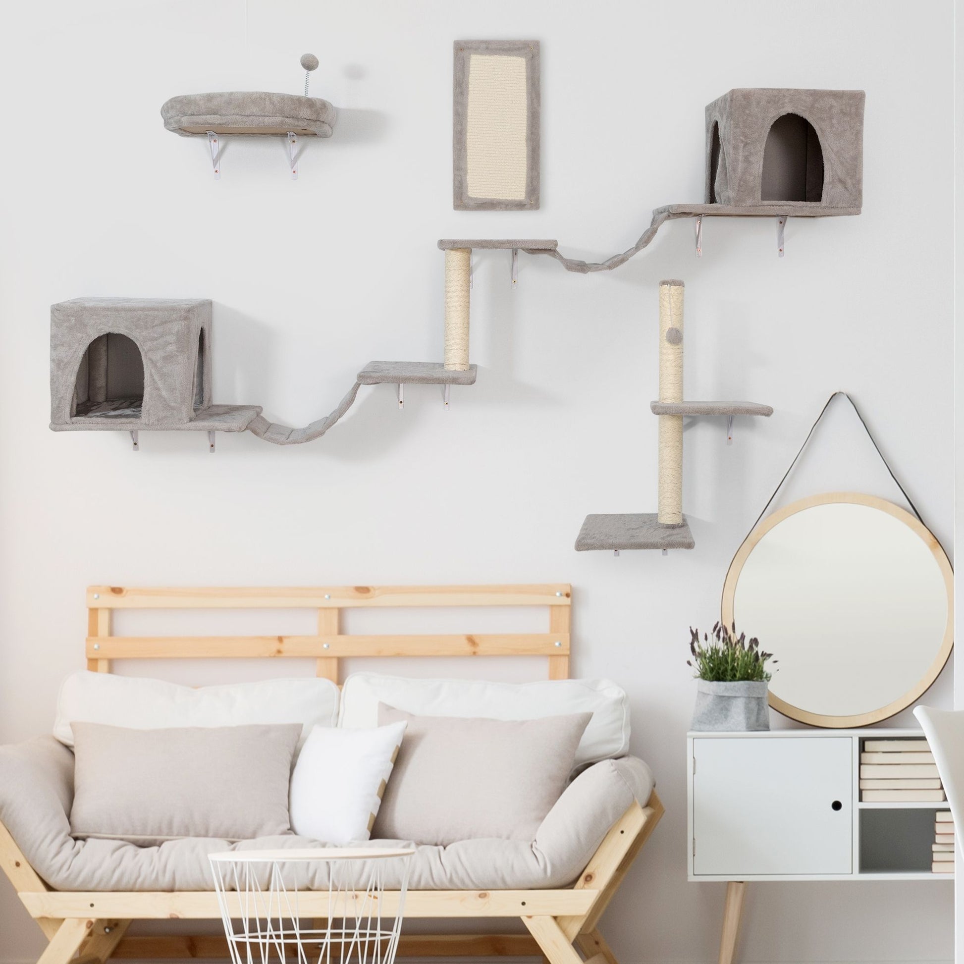 Wall-mounted Cat Tree, Cat Furniture with 2 Cat Condos House, 3 Cat Wall Shelves, 2 Ladder, 1 Cat Perch, Sisal Cat Scratching Posts and Pad - Discount Msrp 