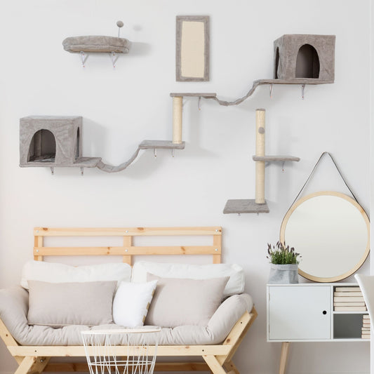Wall-mounted Cat Tree, Cat Furniture with 2 Cat Condos House, 3 Cat Wall Shelves, 2 Ladder, 1 Cat Perch, Sisal Cat Scratching Posts and Pad - Discount Msrp 