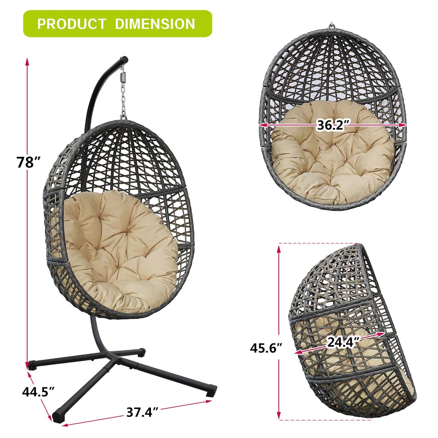 Wicker Hanging Swing Chair; Rattan Hanging Egg Chair with Durable Stand and Waterproof Cushion for Outdoor Garden or Indoor Living Room - Discount Msrp 