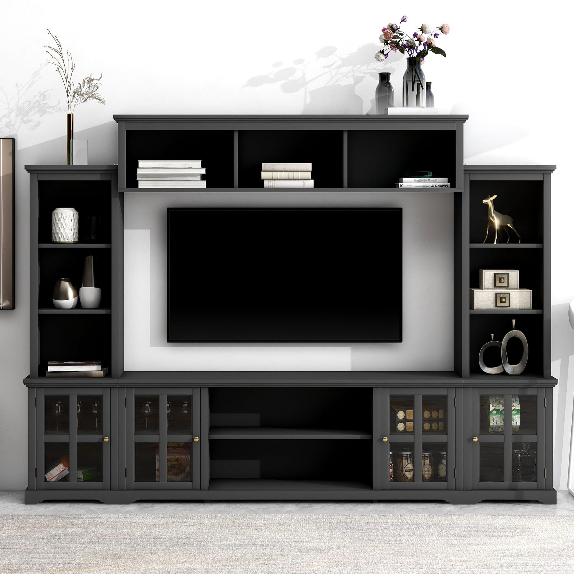 [VIDEO provided] ON-TREND Minimalism Entertainment Wall Unit with Bridge, Modern TV Console Table for TVs Up to 70", Multifunctional TV Stand with Tempered Glass Door, Black (Old SKU: SD000009AAB) - Discount Msrp 