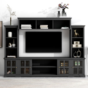 [VIDEO provided] ON-TREND Minimalism Entertainment Wall Unit with Bridge, Modern TV Console Table for TVs Up to 70", Multifunctional TV Stand with Tempered Glass Door, Black (Old SKU: SD000009AAB) - Discount Msrp 