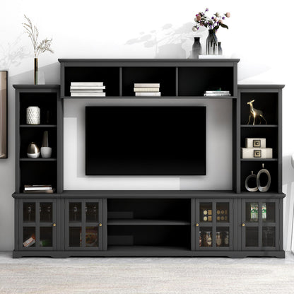 [VIDEO provided] ON-TREND Minimalism Entertainment Wall Unit with Bridge, Modern TV Console Table for TVs Up to 70", Multifunctional TV Stand with Tempered Glass Door, Black (Old SKU: SD000009AAB) - Discount Msrp 