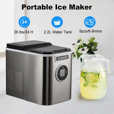 Countertop Ice Maker with 9 Bullet Ice in 7 Mins, Portable Ice Machine with Ice Scoop and Basket , 26.5lbs/24H, Self-Cleaning,Stainless,for Home Office Bar Party - Discount Msrp 