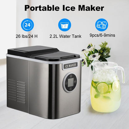 Countertop Ice Maker with 9 Bullet Ice in 7 Mins, Portable Ice Machine with Ice Scoop and Basket , 26.5lbs/24H, Self-Cleaning,Stainless,for Home Office Bar Party - Discount Msrp 