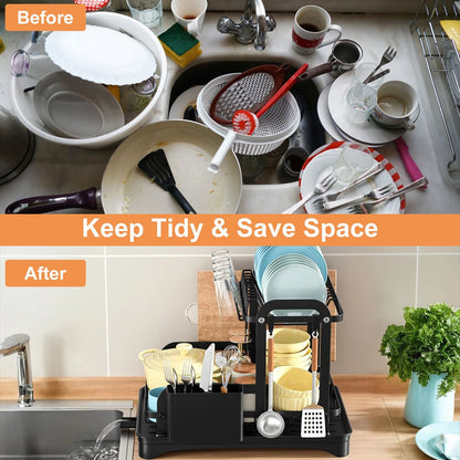 2-Tier Dish Drying Rack for Kitchen Counter Space Saving Rustproof Dish Rack with Drainboard Detachable Kitchen Drainer Organizer Set - Discount Msrp 