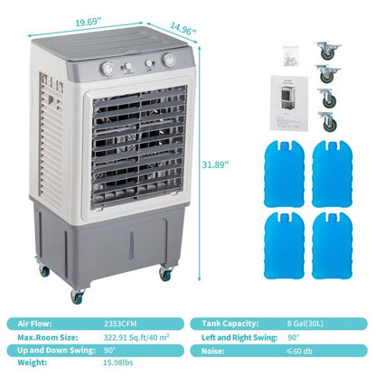 3 in 1 Portable Evaporative Cooler,Indoor,Outdoor,2353CFM Personal Air Cooler,7.9 Gal Large Water Tank & Scroll Casters, 4 Ice Packs,White, Manual control - Discount Msrp 