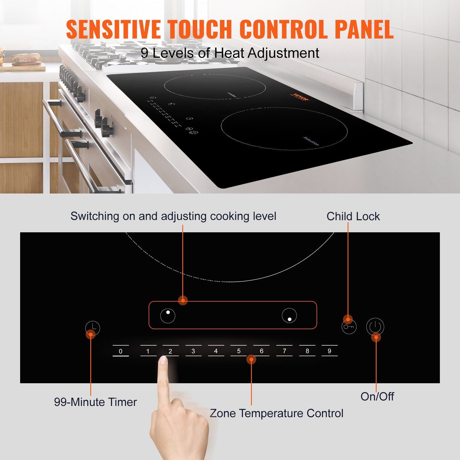 VEVOR Electric Cooktop, 2 Burners, 24'' Induction Stove Top, Built-in Magnetic Cooktop 1800W, 9 Heating Level Multifunctional Burner, LED Touch Screen w/ Child Lock & Over-Temperature Protection - Discount Msrp 