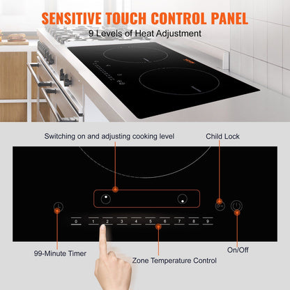 VEVOR Electric Cooktop, 2 Burners, 24'' Induction Stove Top, Built-in Magnetic Cooktop 1800W, 9 Heating Level Multifunctional Burner, LED Touch Screen w/ Child Lock & Over-Temperature Protection - Discount Msrp 