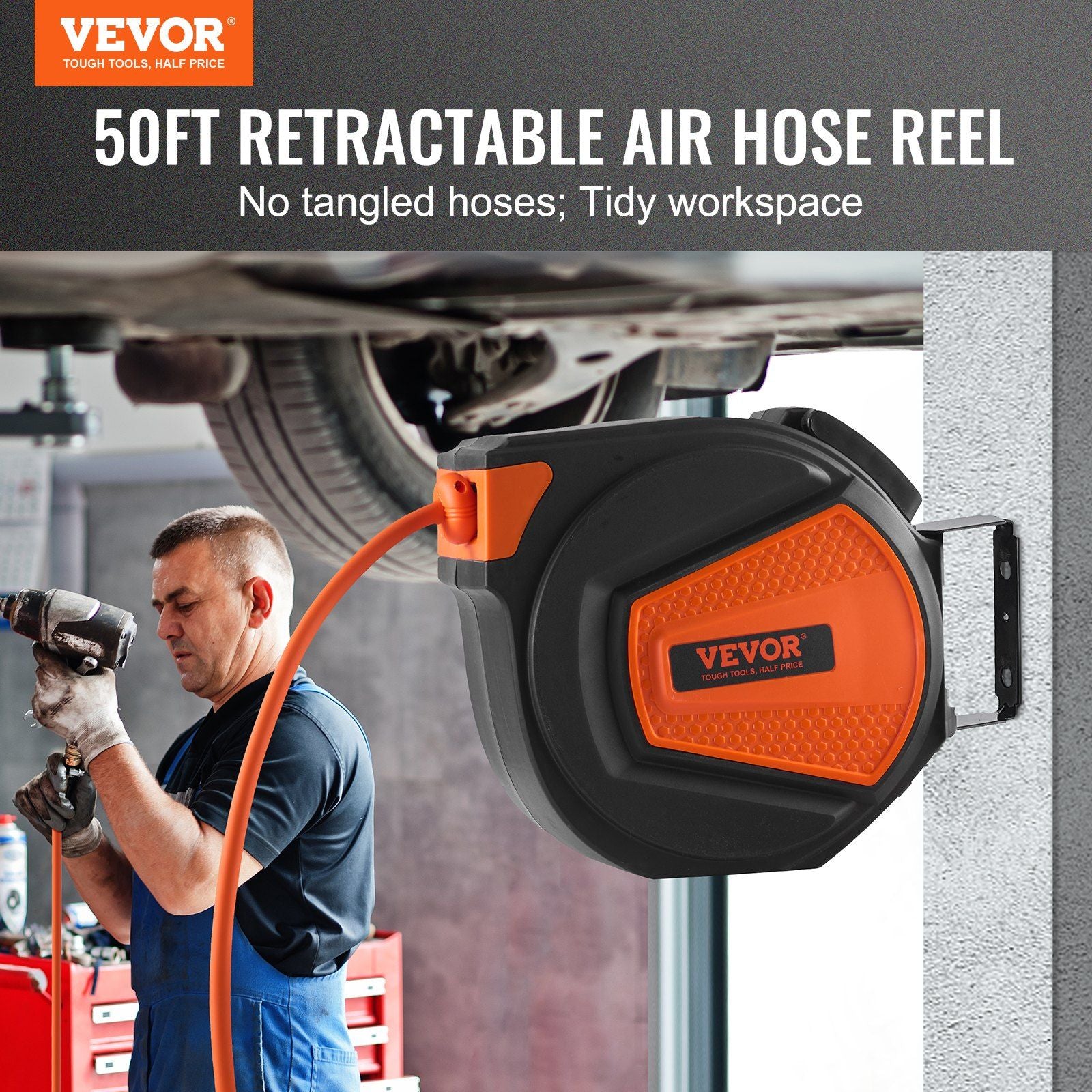 VEVOR Retractable Air Hose Reel, 3/8 IN x 50 FT Hybrid Air Hose Max 300PSI, Air Compressor Hose Reel with 5 ft Lead in, Ceiling / Wall Mount Enclosed Air Reel, 180° Swivel Mount - Discount Msrp 