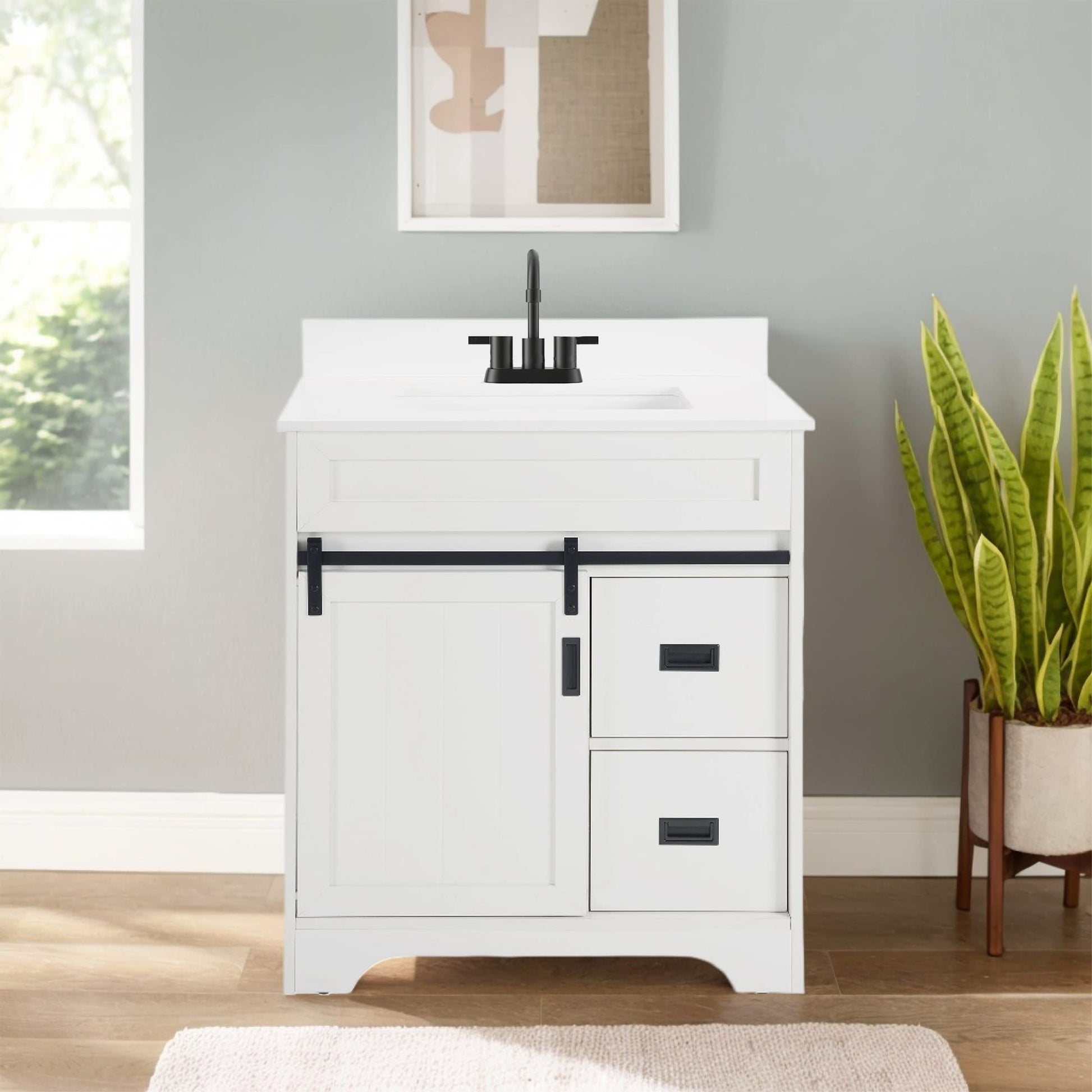 [VIDEO provided]30" Bathroom Vanity with Single Sink Combo, Farmhouse Undermount Bathroom Sink Cabinet with Sliding Barn Doors and 2 Drawers, Freestanding Bathroom Vanities,White - Discount Msrp 