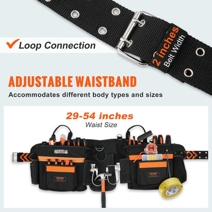 VEVOR Tool Belt with Suspenders, 29 Pockets, 29-54 inches Adjustable Waist Size, Tool Belts for Men, 600D Polyester Heavy Duty Carpenter Tool Pouch for Carpenters, Electricians, and Gardening, Black - Discount Msrp 
