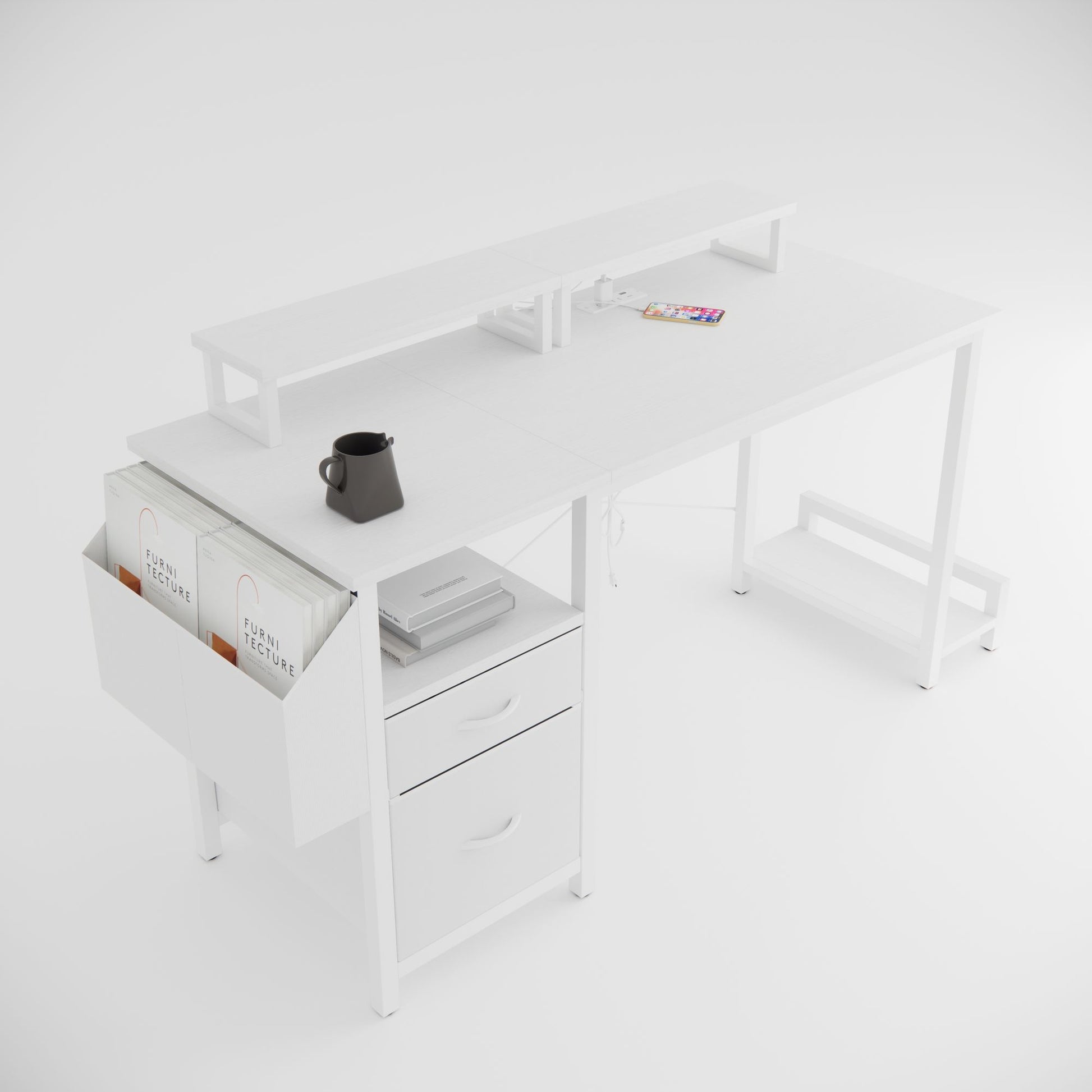 47"office desk with power outlet,2 Monitor Stands,2 drawers,Side Pocket,Easy to Assemble,Frame stability Reversible,use for home desk, computer desk, game table,White - Discount Msrp 