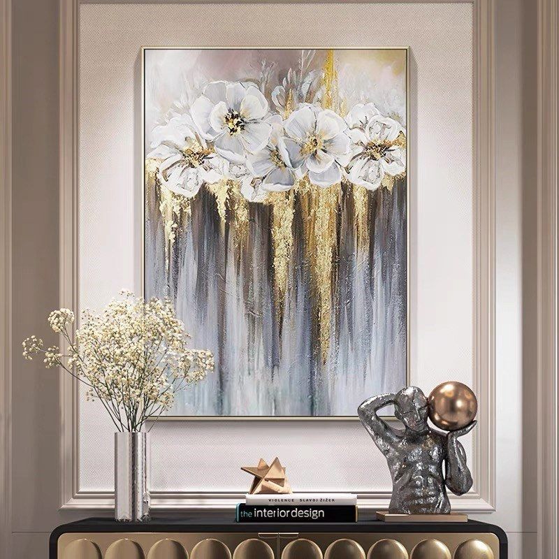 Foil golden flowers hand painted oil painting on canvas abstract large painting wall picture for home office decor - Discount Msrp 