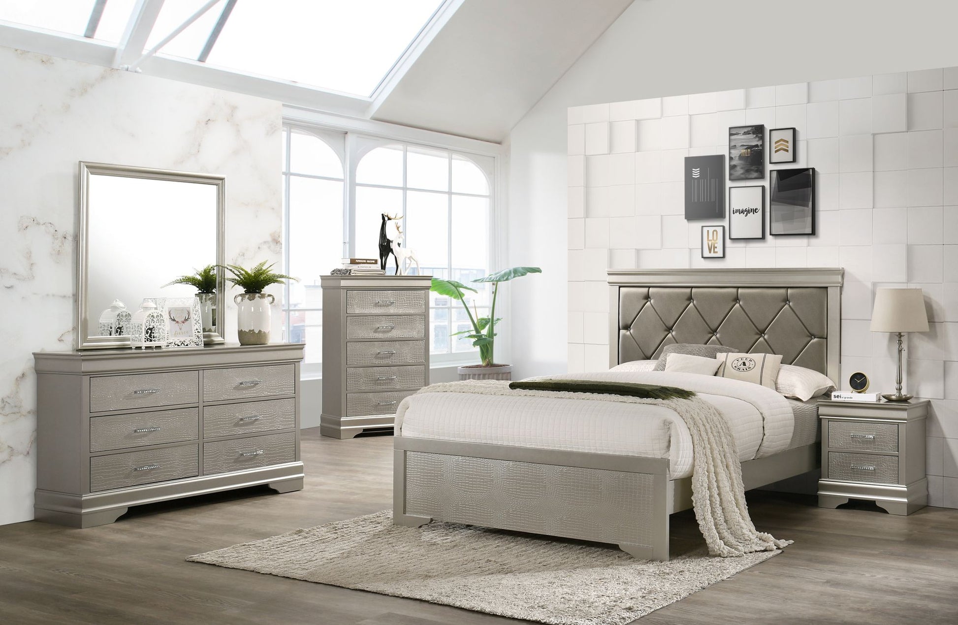 Modern 1pc Beige Champagne Finish King Size Panel Bed Wooden Crocodile Texture PU Upholstered Headboard Crystal-Like Button Tufted Fabric Bedroom Furniture - Discount Msrp 