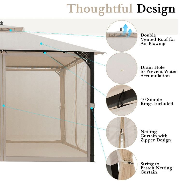 12 x 10 Feet Outdoor Double Top Patio Gazebo with Netting - Discount Msrp 