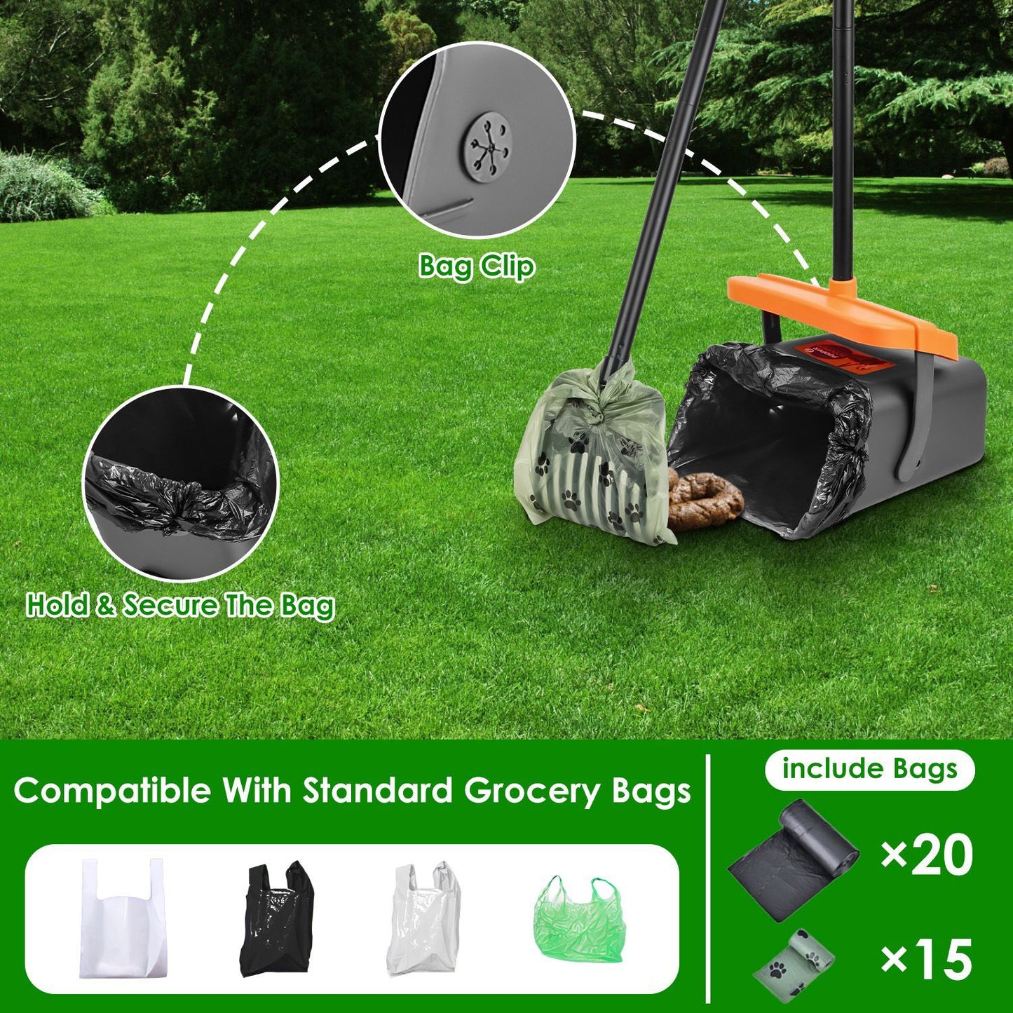 Pooper Scooper Kit Dog Poop Rake & Swiveling Bin Poop Heavy Duty Pick Up Tool with Extra Long Handle 35 Waste Bags Dispenser - Discount Msrp 