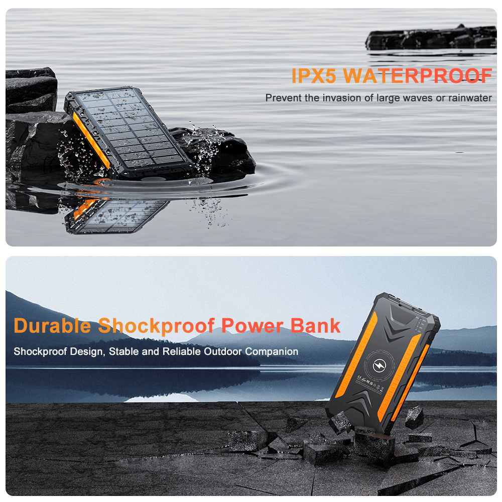 Power Bank Wireless Charger 20000mAh Fast Charging Power Bank for All Mobile Devices, Solar Portable Charger with Dual Flashlights, Carabiner - Discount Msrp 