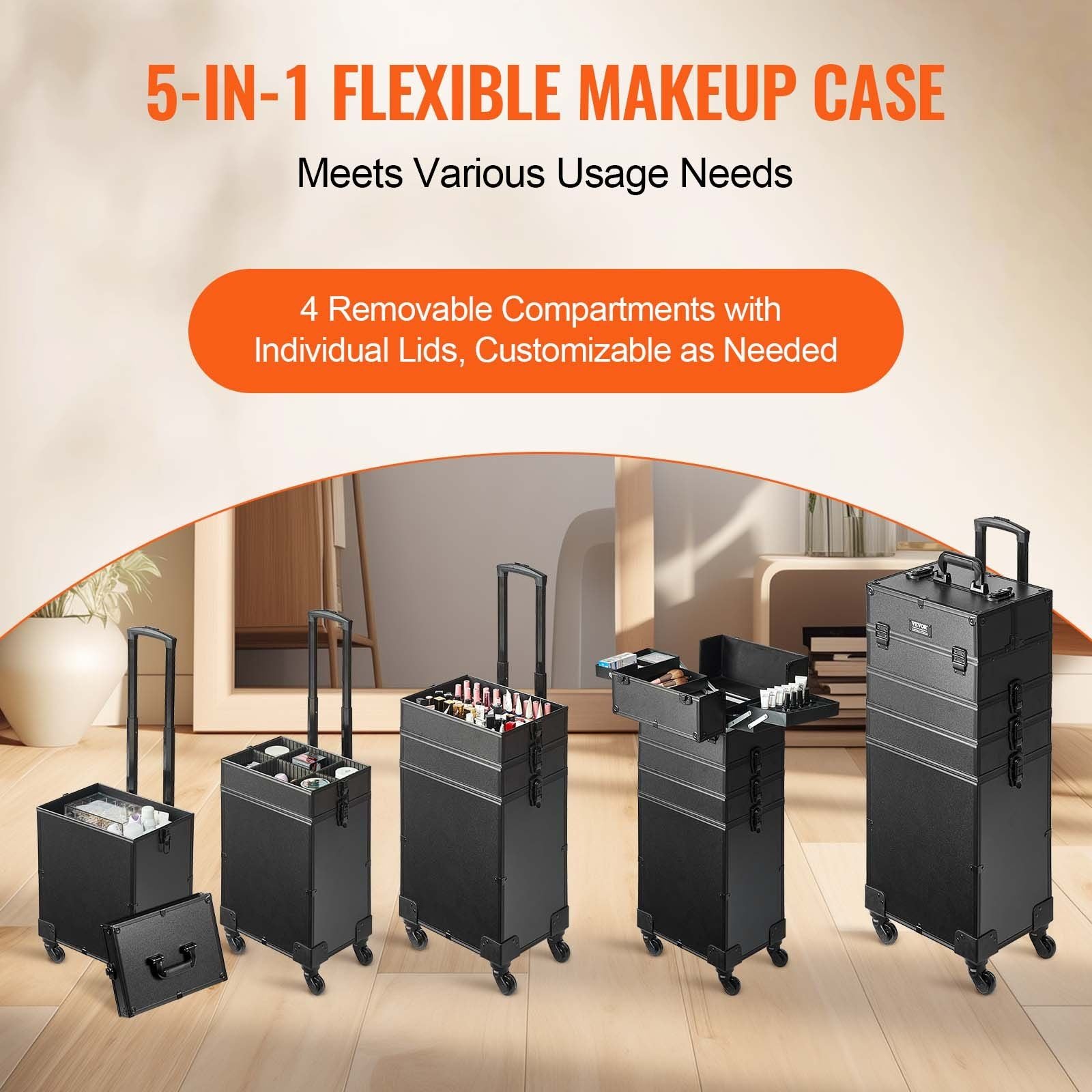 VEVOR 5 in 1 Professional Makeup Train Case Aluminum Cosmetic Case, Rolling Makeup Case Extra Large Trolley Makeup Travel Organizer, with 360° Swivel Wheels & Adjustable Pull Rod, Black - Discount Msrp 