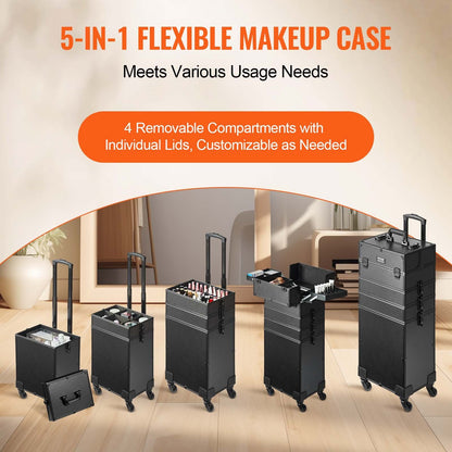 VEVOR 5 in 1 Professional Makeup Train Case Aluminum Cosmetic Case, Rolling Makeup Case Extra Large Trolley Makeup Travel Organizer, with 360° Swivel Wheels & Adjustable Pull Rod, Black - Discount Msrp 