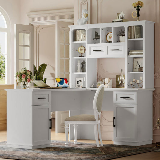 L-Shaped Computer Desk with 2 Cabinets and 2 Drawers, 11 Open Shelves and 1 Right Flip Shelf with Storage, with Power Outlet, for Study, Living Room and Office, White - Discount Msrp 