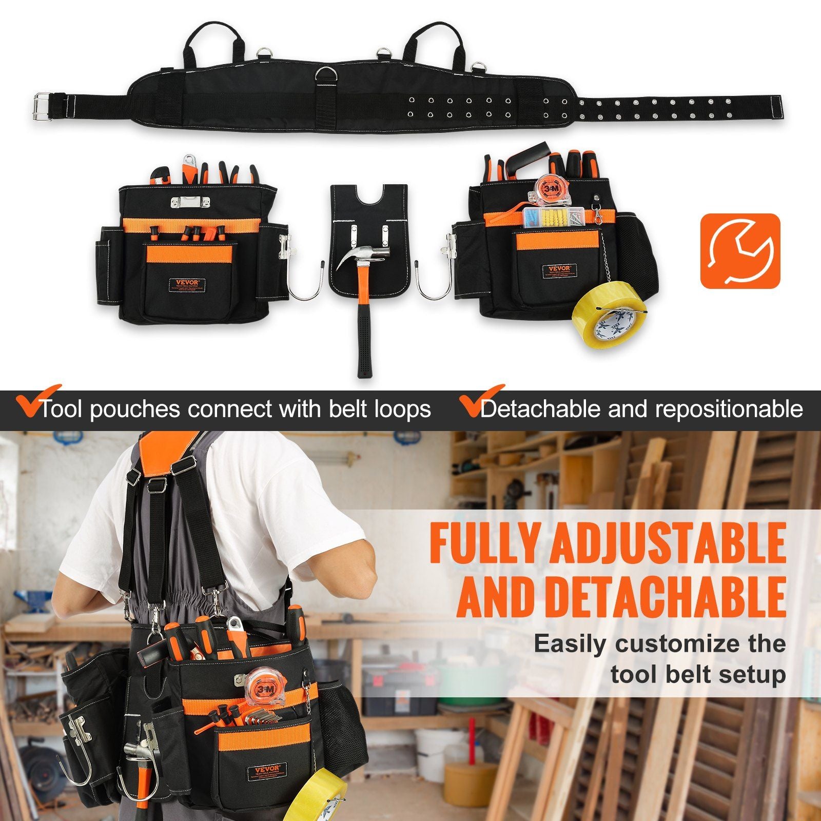 VEVOR Tool Belt with Suspenders, 29 Pockets, 29-54 inches Adjustable Waist Size, Tool Belts for Men, 600D Polyester Heavy Duty Carpenter Tool Pouch for Carpenters, Electricians, and Gardening, Black - Discount Msrp 