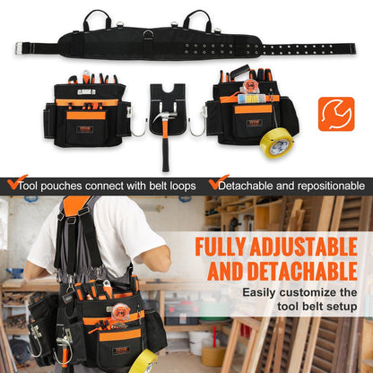 VEVOR Tool Belt with Suspenders, 29 Pockets, 29-54 inches Adjustable Waist Size, Tool Belts for Men, 600D Polyester Heavy Duty Carpenter Tool Pouch for Carpenters, Electricians, and Gardening, Black - Discount Msrp 