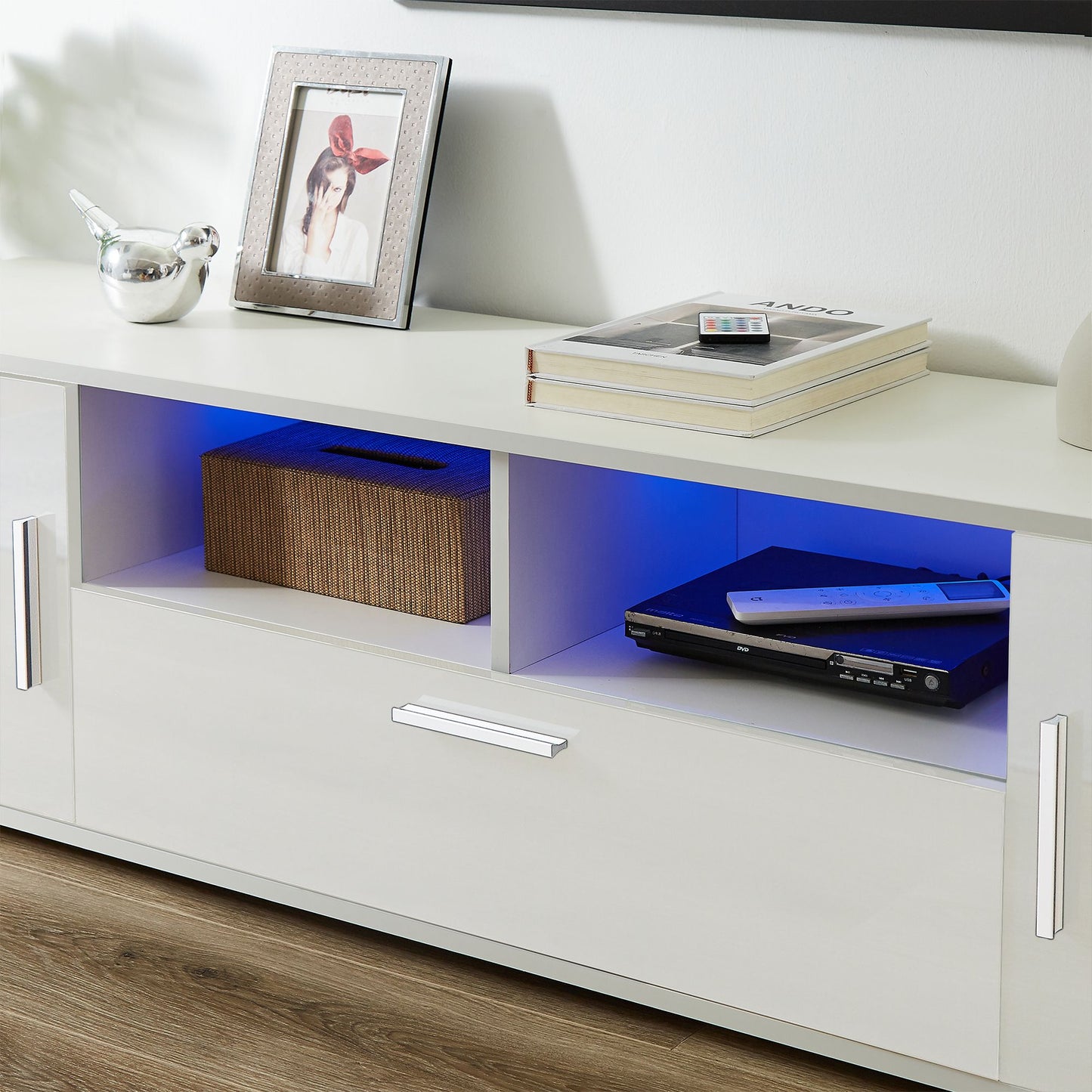 QuickassembleFashionTVstand,TVCabinet,entertainment center TV station,TVconsole,console with LED light belt, light belt can be remote control,with cabinets,open cells,for the living room,bedroom,white - Discount Msrp 