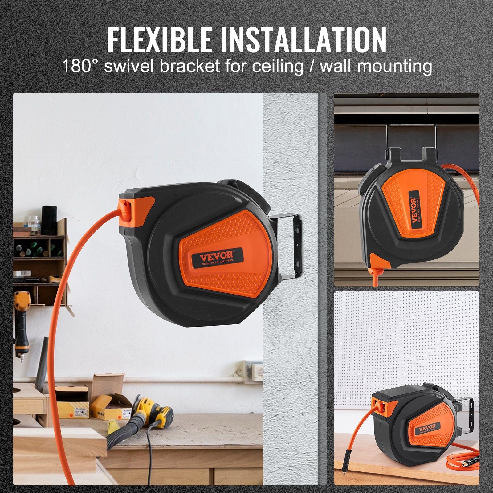 VEVOR Retractable Air Hose Reel, 3/8 IN x 50 FT Hybrid Air Hose Max 300PSI, Air Compressor Hose Reel with 5 ft Lead in, Ceiling / Wall Mount Enclosed Air Reel, 180° Swivel Mount - Discount Msrp 