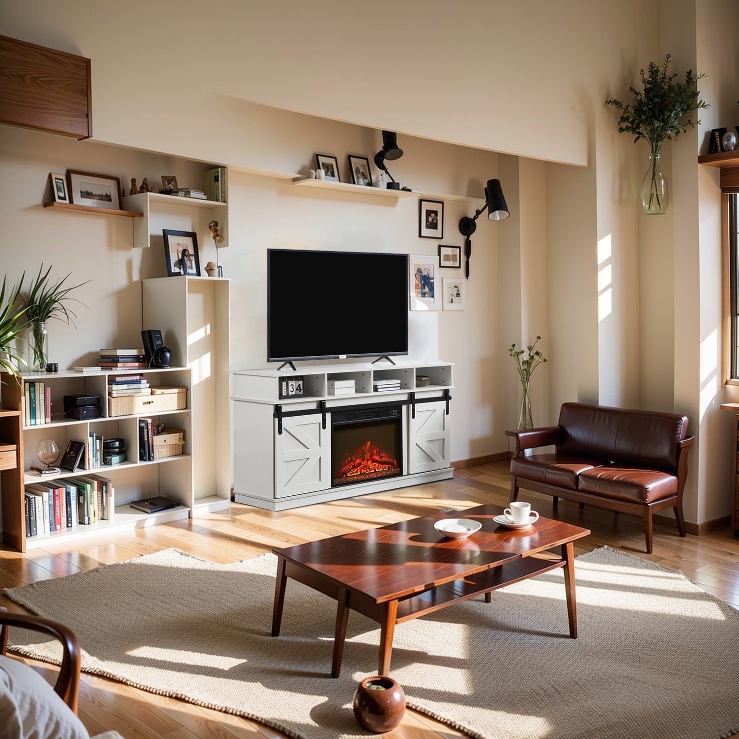 Modern Farmhouse TV Media Stand, Large Barn Inspired Home Entertainment Console, with 23" Fireplace Insert, for TV Up to 65'', with Open Shelves and Closed Cabinets, White - Discount Msrp 