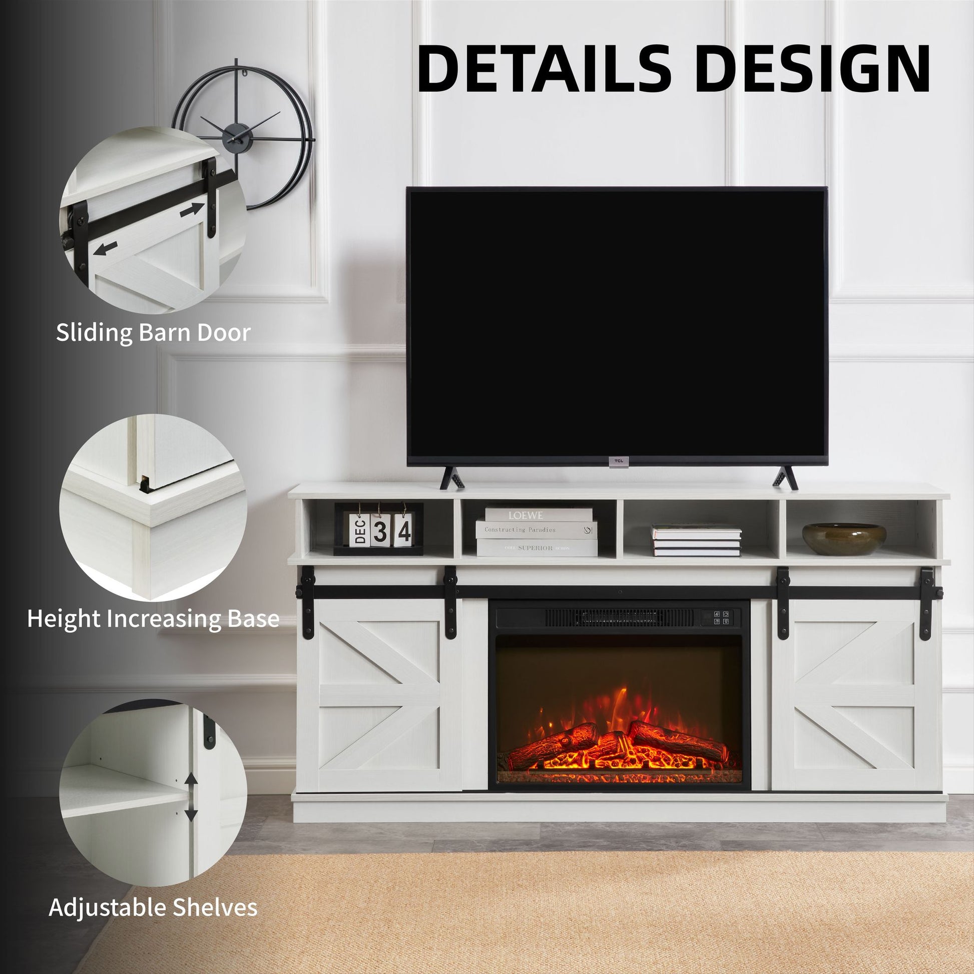 Modern Farmhouse TV Media Stand, Large Barn Inspired Home Entertainment Console, with 23" Fireplace Insert, for TV Up to 65'', with Open Shelves and Closed Cabinets, White - Discount Msrp 