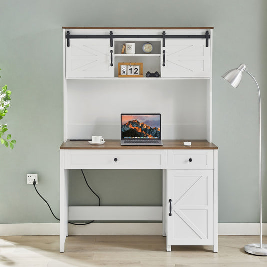 52" Farmhouse Executive Desk with Drawers, Wood Home Office Desk w/Charging Station, File Drawer, Storage Cabinet, Rustic Computer Writing Desk (Antique White) - Discount Msrp 