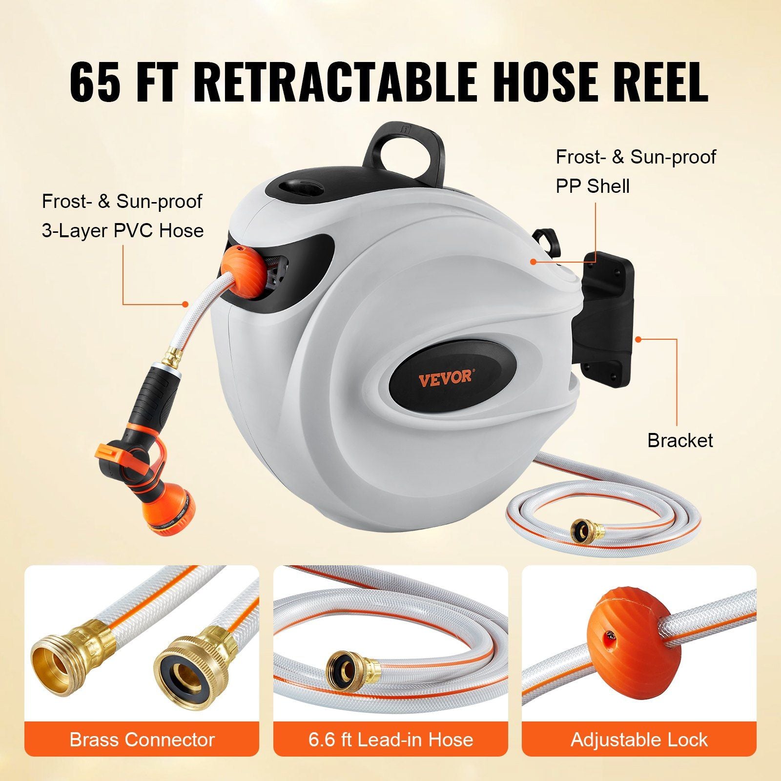 VEVOR Retractable Hose Reel Water Hose Reel 65'x5/8" 180° Swivel Wall-Mounted - Discount Msrp 