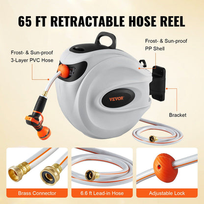 VEVOR Retractable Hose Reel Water Hose Reel 65'x5/8" 180° Swivel Wall-Mounted - Discount Msrp 