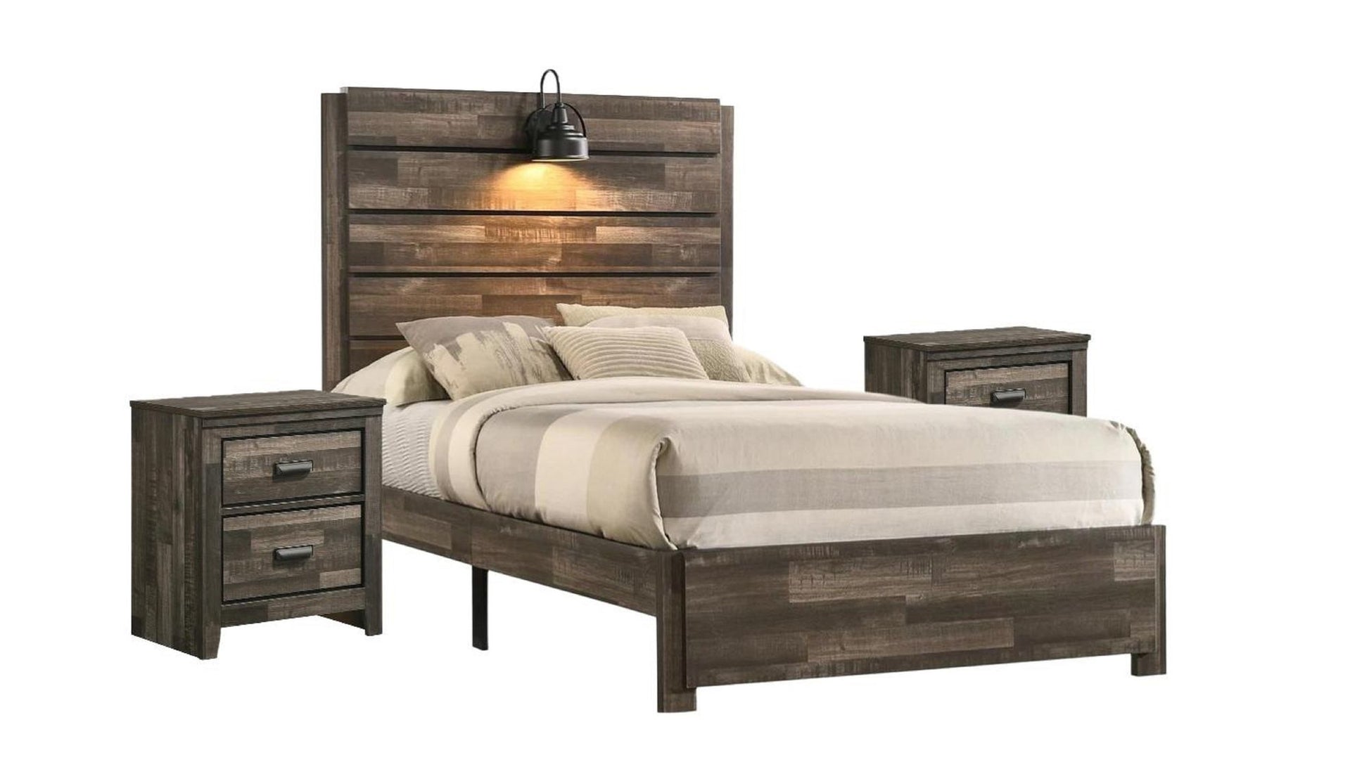 1pc Rustic Style Butcher Block Finish Weathered Brown Finish Full Size Bed w/ Lamp Wooden Bedroom Furniture - Discount Msrp 