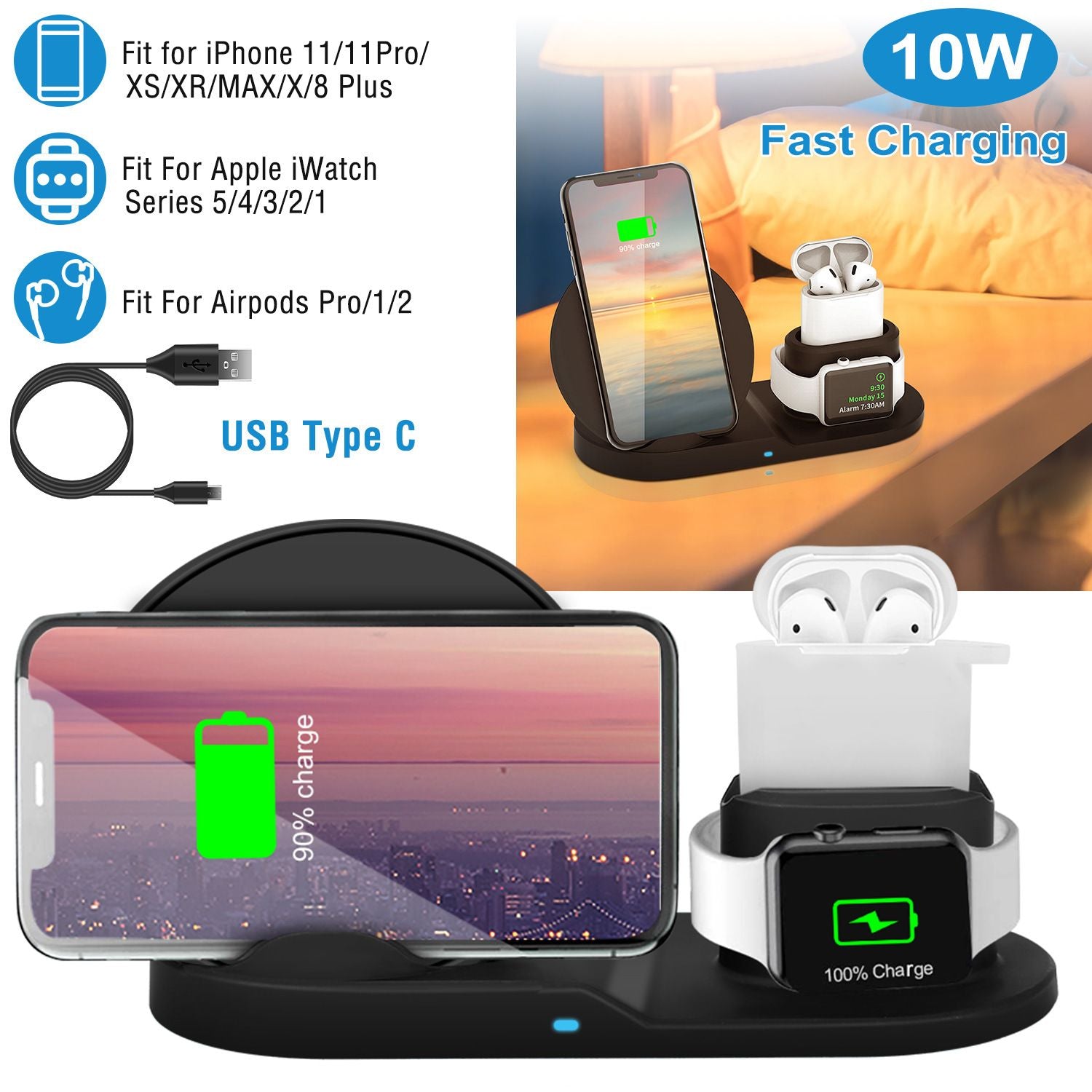Wireless Charger 10W Fast Charging Station For iPhone Apple iWatch Series 5/4/3/2/1 AirPods - Discount Msrp 