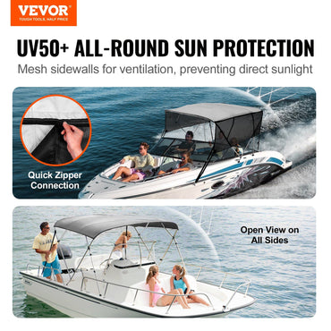 VEVOR 4 Bow Bimini Top Boat Cover, Detachable Mesh Sidewalls, 600D Polyester Canopy with 1" Aluminum Alloy Frame, Includes Storage Boot, 2 Straps, 2 Support Poles, 8'L x 54"H x 85"-90"W, Light Grey - Discount Msrp 