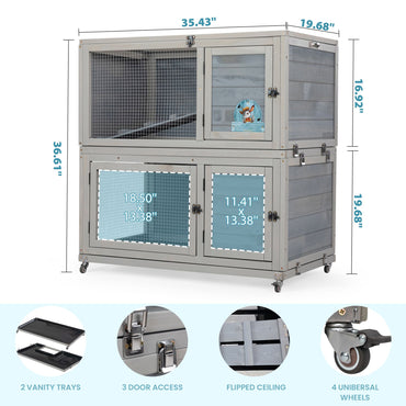 Weatherproof Rabbit House, Indoor/Outdoor Wooden Rabbit Hutch, 2 Story Bunny Cage, Pet House, Wooden Chicken Coop with Wheels, Pull Out Tray for Rabbits and Guinea Pigs, Grey - Discount Msrp 