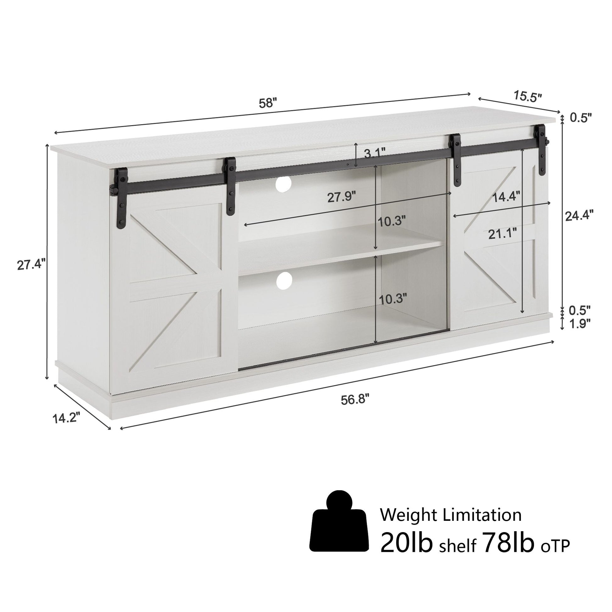 58" Farmhouse TV Stand and Entertainment Center for Televisions up to 65 Inchs,with Sliding Barn Doors and Storage Cabinets,White - Discount Msrp 