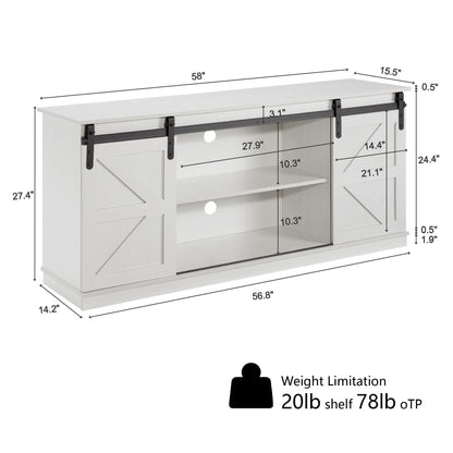 58" Farmhouse TV Stand and Entertainment Center for Televisions up to 65 Inchs,with Sliding Barn Doors and Storage Cabinets,White - Discount Msrp 