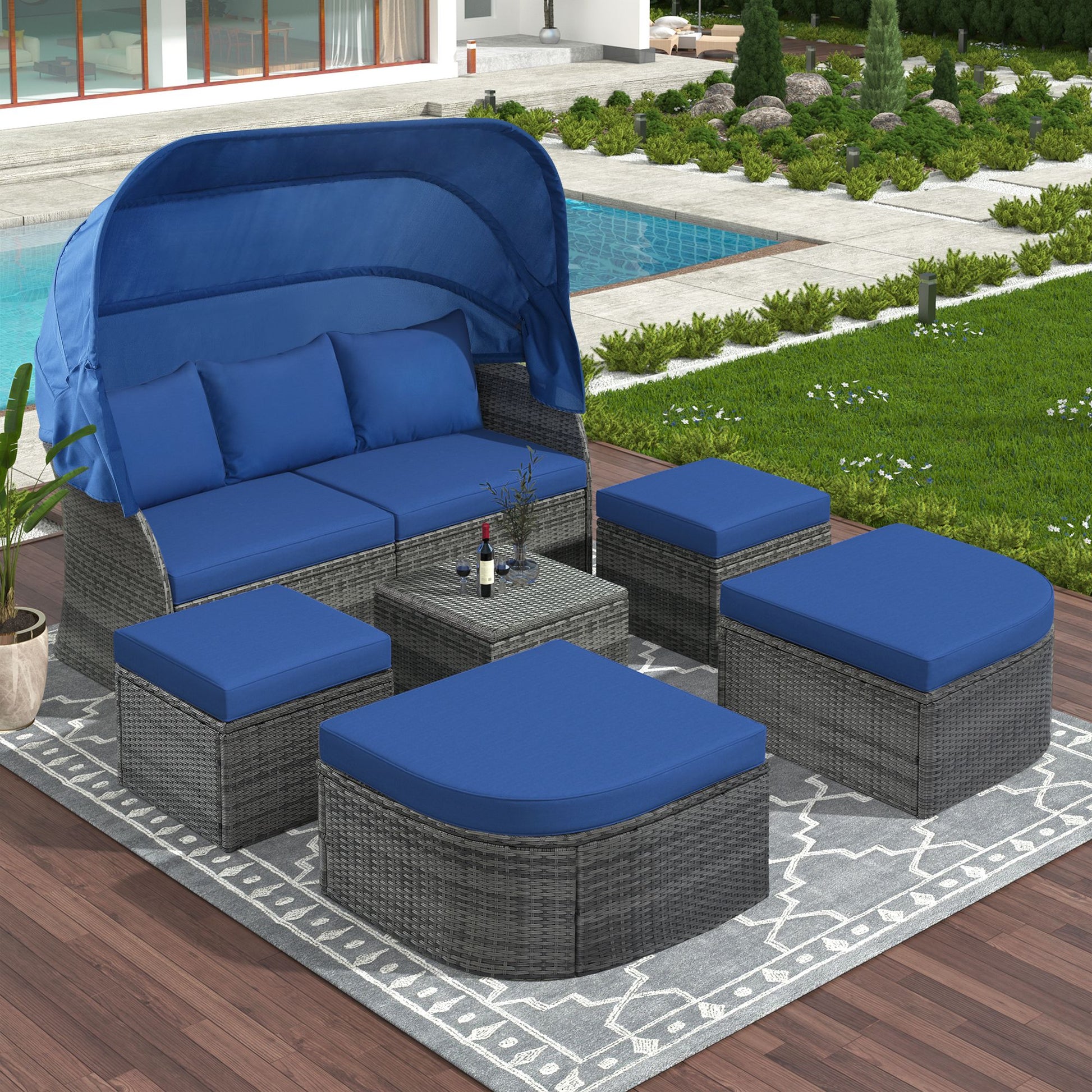 Outdoor Patio Furniture Set Daybed Sunbed with Retractable Canopy Conversation Set Wicker Furniture - Discount Msrp 