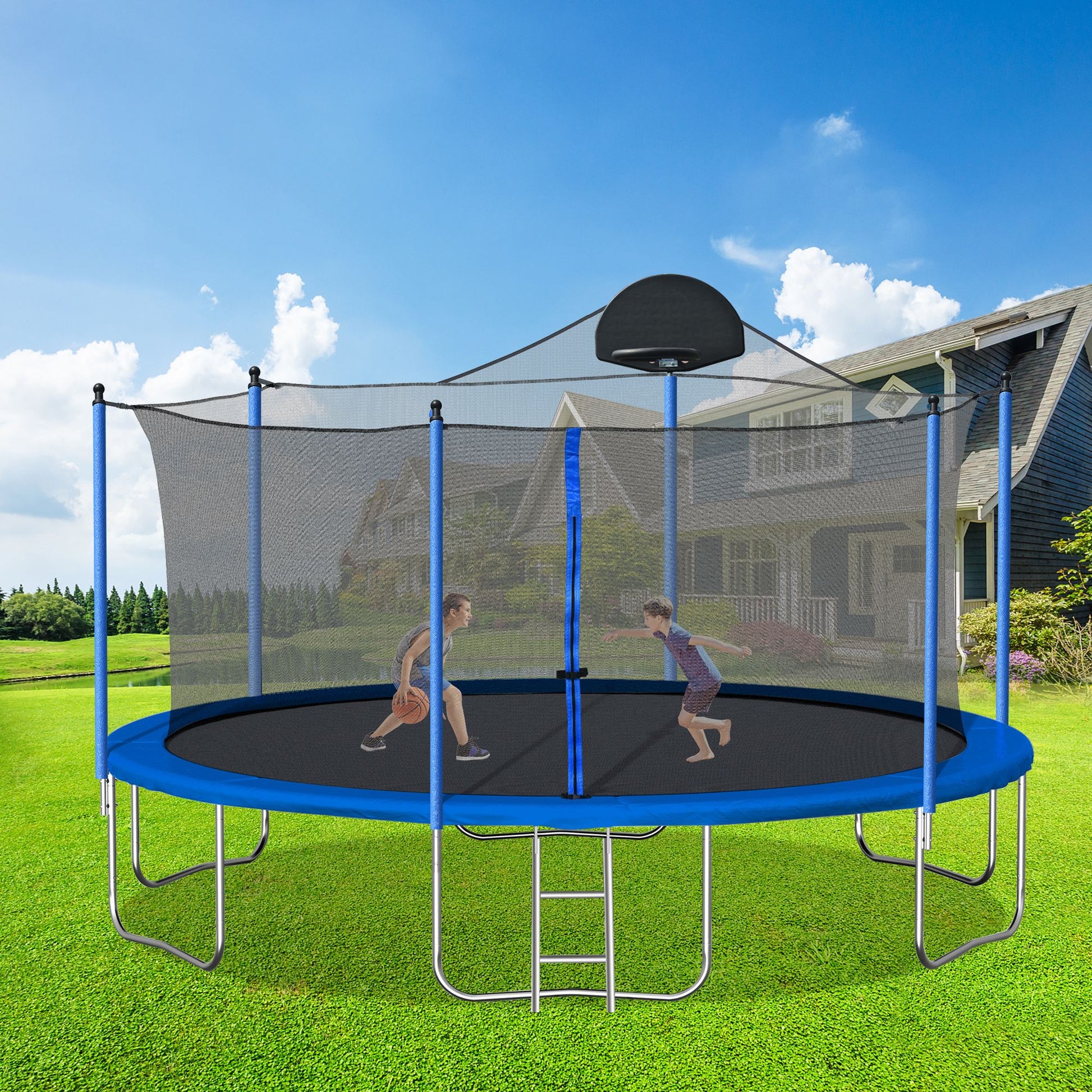 14FT Trampoline for Adults & Kids with Basketball Hoop, Outdoor Trampolines w/Ladder and Safety Enclosure Net for Kids and Adults - Discount Msrp 