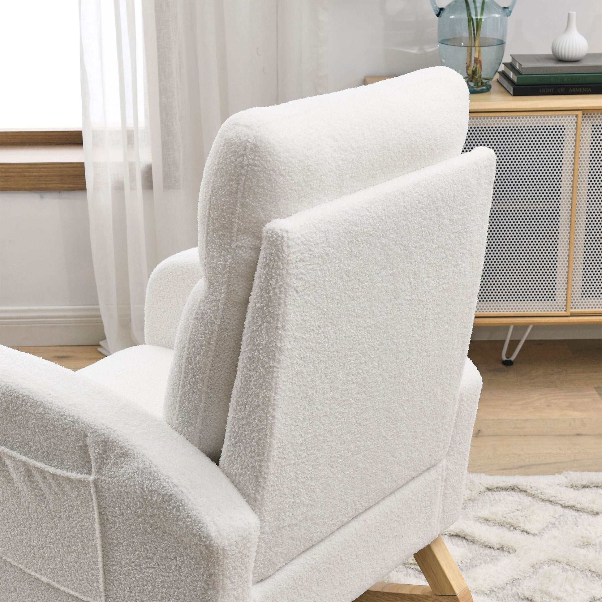 [Video] Welike 27.6"W Modern Accent High Backrest Living Room Lounge Arm Rocking Chair, Two Side Pocket ,Teddy White (Ivory) - Discount Msrp 