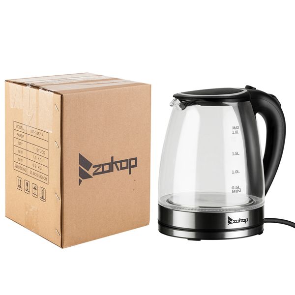 [Old Code: 93541003] ZOKOP HD-1857-A 110V 1200W 1.8L Electric Glass Kettle US Plug - Discount Msrp 