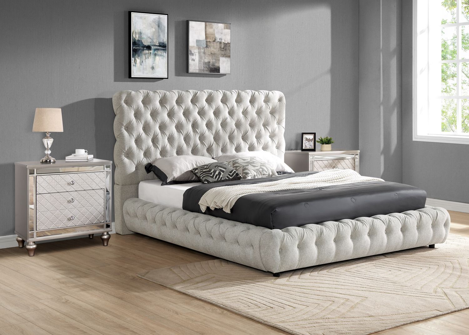 1pc Contemporary Upholstered Queen Bed Tufted Headboard and Footboard Bedroom Furniture Dove Gray - Discount Msrp 