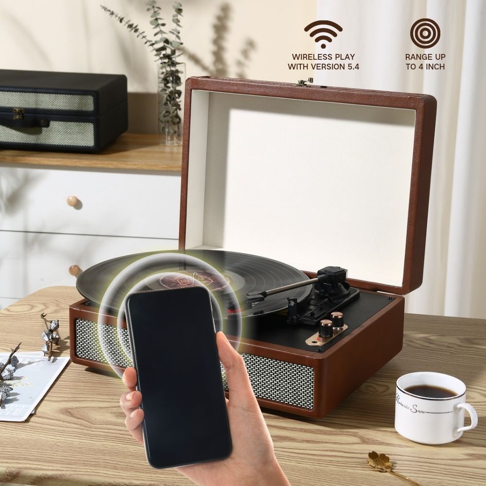 Portable Vinyl record player S350,with 2 Stereo Speakers, Wireless 3-Speed 33/45/78RPM, Support Headphone Jack/USB/AUX-IN/RCA-Out/Recording - Discount Msrp 